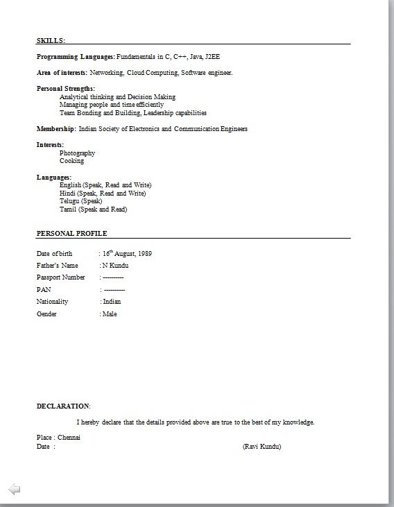 Resume format for freshers electronics and communication engineers free download